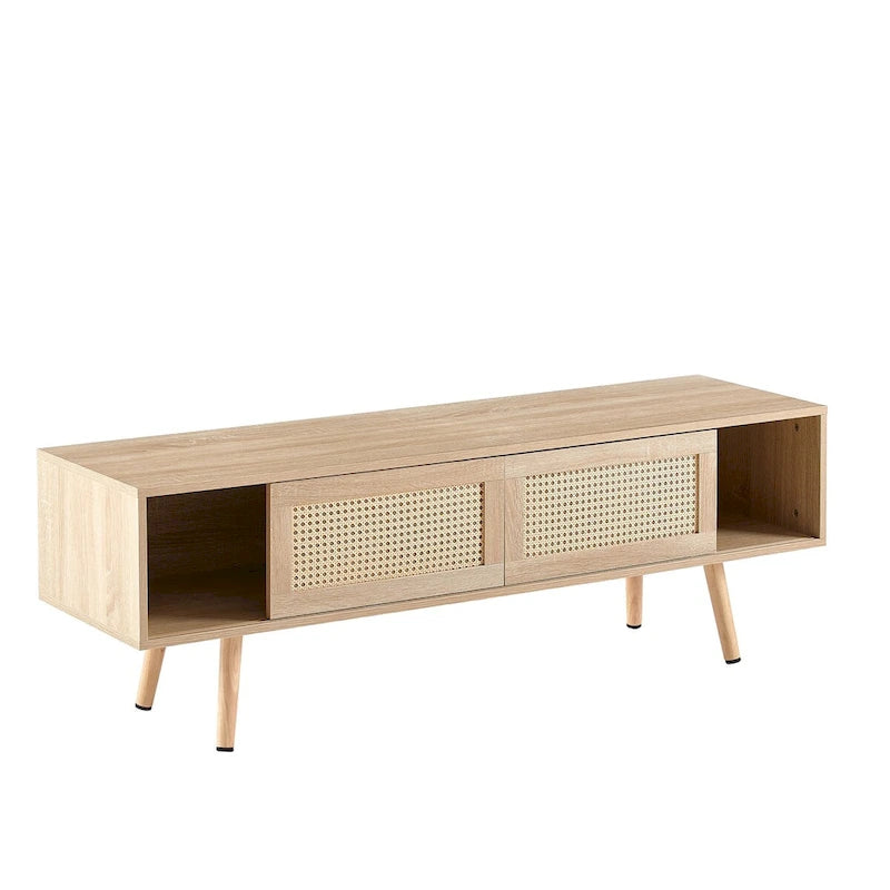55" Rattan TV Cabinet with Sliding Doors - White Media Console, Adjustable Shelf, Solid Wood Legs - 220lbs Capacity