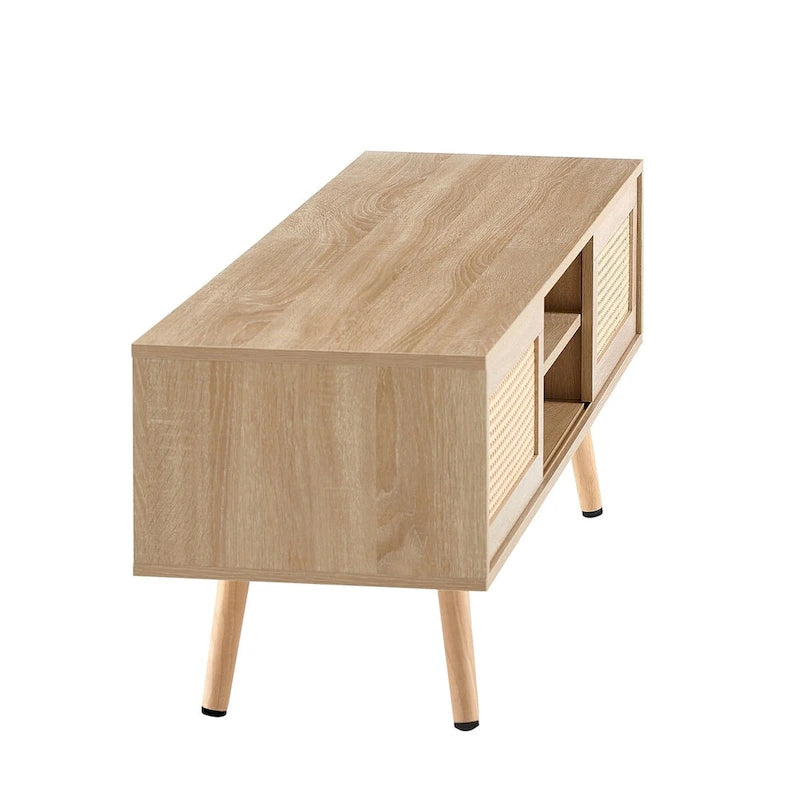 55" Rattan TV Cabinet with Sliding Doors - White Media Console, Adjustable Shelf, Solid Wood Legs - 220lbs Capacity