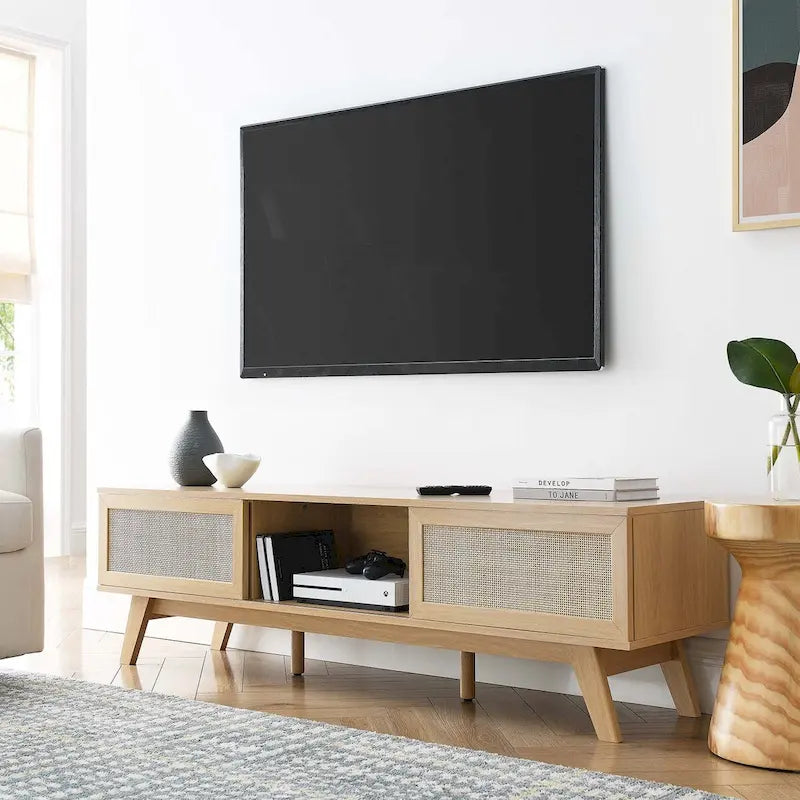 60" TV Stand with Rattan Sliding Doors - Fits up to 65" TVs, 192 lbs Capacity, Cable Management - Modern Media Console