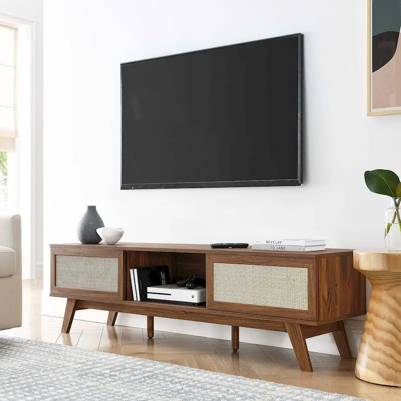 60" TV Stand with Rattan Sliding Doors - Fits up to 65" TVs, 192 lbs Capacity, Cable Management - Modern Media Console