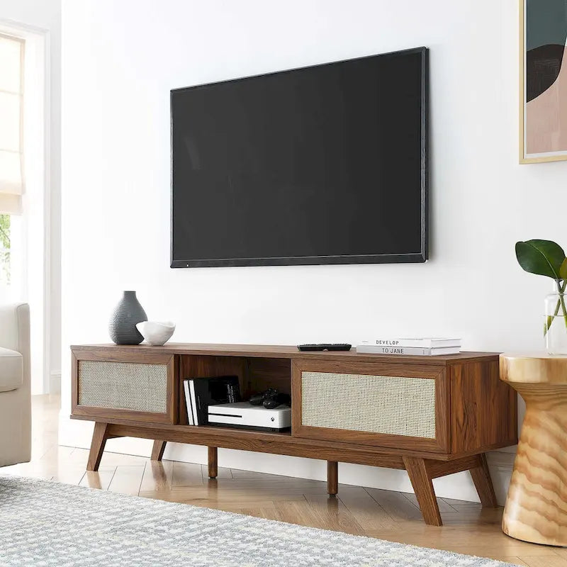 60" TV Stand with Rattan Sliding Doors - Fits up to 65" TVs, 192 lbs Capacity, Cable Management - Modern Media Console