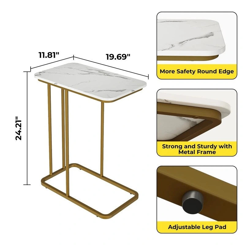 C-Shaped End Table - 19.69"L x 24.21"H, Waterproof Top, Metal Frame, 45 lbs Capacity - Modern Side Table for Sofa