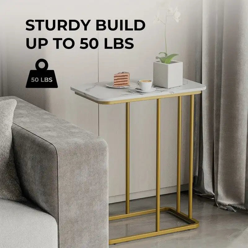 C-Shaped End Table - 19.69"L x 24.21"H, Waterproof Top, Metal Frame, 45 lbs Capacity - Modern Side Table for Sofa