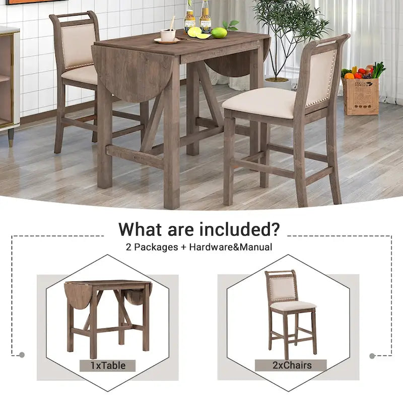 3-Piece Drop Leaf Dining Table Set - Rubberwood Counter Height, 2 Chairs, 300 lbs Capacity - Rustic Brown Oval Folding Set