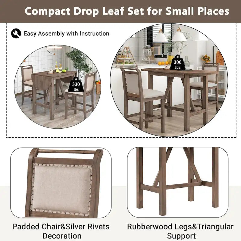 3-Piece Drop Leaf Dining Table Set - Rubberwood Counter Height, 2 Chairs, 300 lbs Capacity - Rustic Brown Oval Folding Set