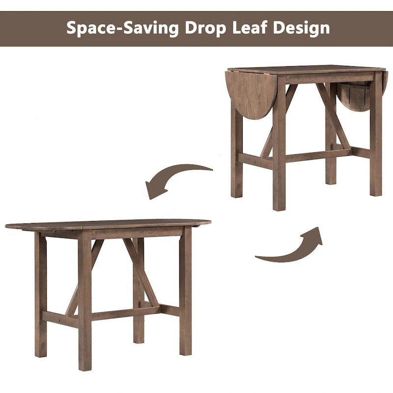 3-Piece Drop Leaf Dining Table Set - Rubberwood Counter Height, 2 Chairs, 300 lbs Capacity - Rustic Brown Oval Folding Set