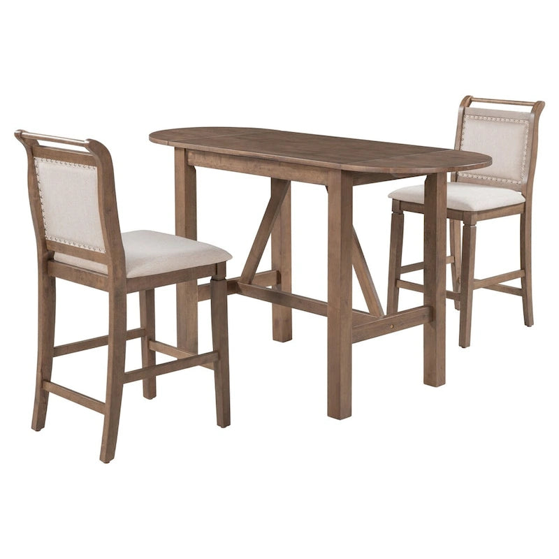 3-Piece Drop Leaf Dining Table Set - Rubberwood Counter Height, 2 Chairs, 300 lbs Capacity - Rustic Brown Oval Folding Set