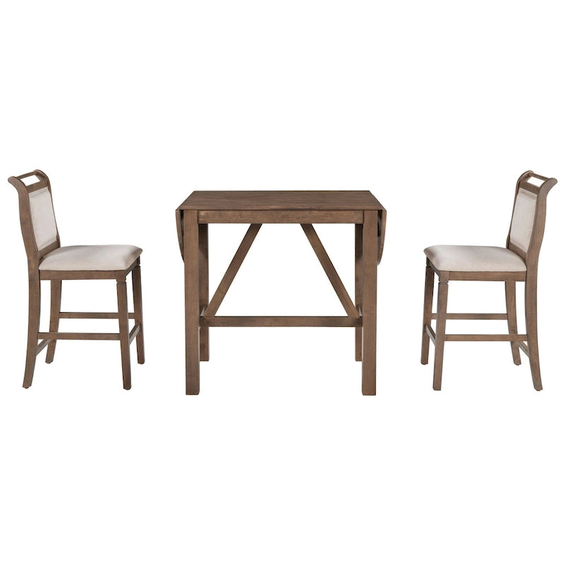 3-Piece Drop Leaf Dining Table Set - Rubberwood Counter Height, 2 Chairs, 300 lbs Capacity - Rustic Brown Oval Folding Set