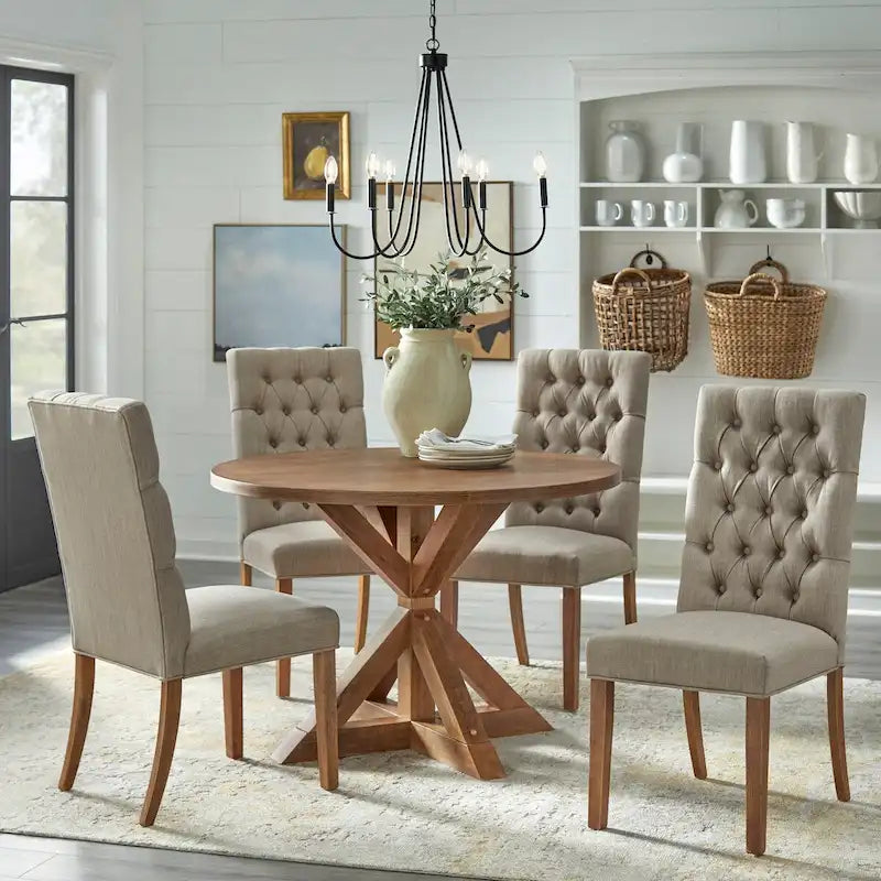 5-Piece Dining Set - Pedestal Table & 4 Upholstered Chairs, Modern Farmhouse, Weathered Driftwood, 45.3" Round, Button Tufted