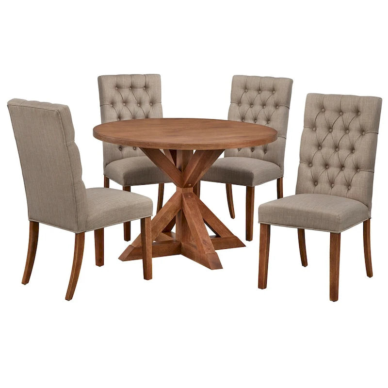 5-Piece Dining Set - Pedestal Table & 4 Upholstered Chairs, Modern Farmhouse, Weathered Driftwood, 45.3" Round, Button Tufted